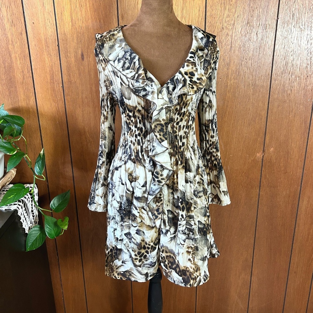 Sunny Leigh Animal Floral Pleated Ruffle V-Neck Bell Sleeve Mini Dress Brown M